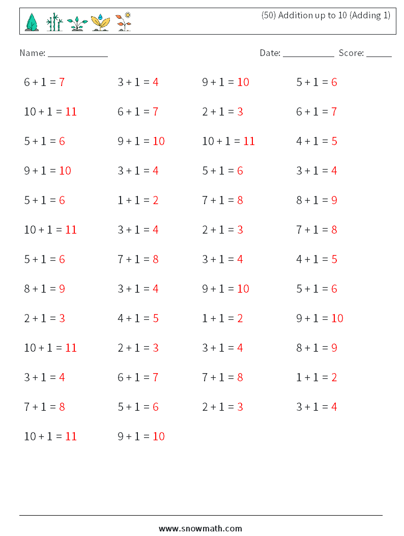 (50) Addition up to 10 (Adding 1) Math Worksheets 3 Question, Answer