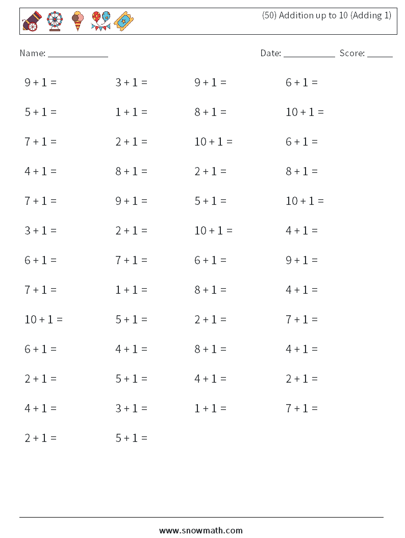(50) Addition up to 10 (Adding 1) Math Worksheets 5