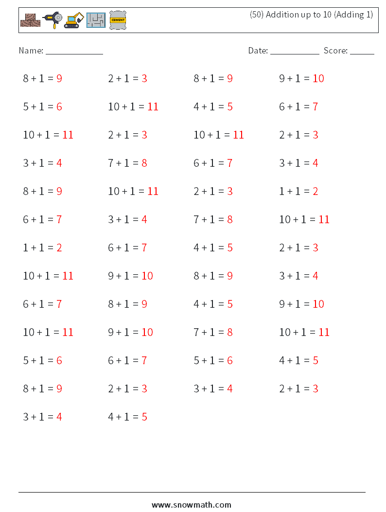 (50) Addition up to 10 (Adding 1) Math Worksheets 6 Question, Answer