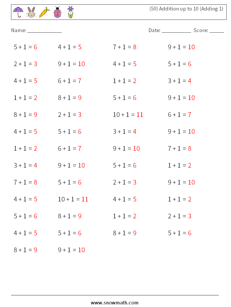 (50) Addition up to 10 (Adding 1) Math Worksheets 7 Question, Answer
