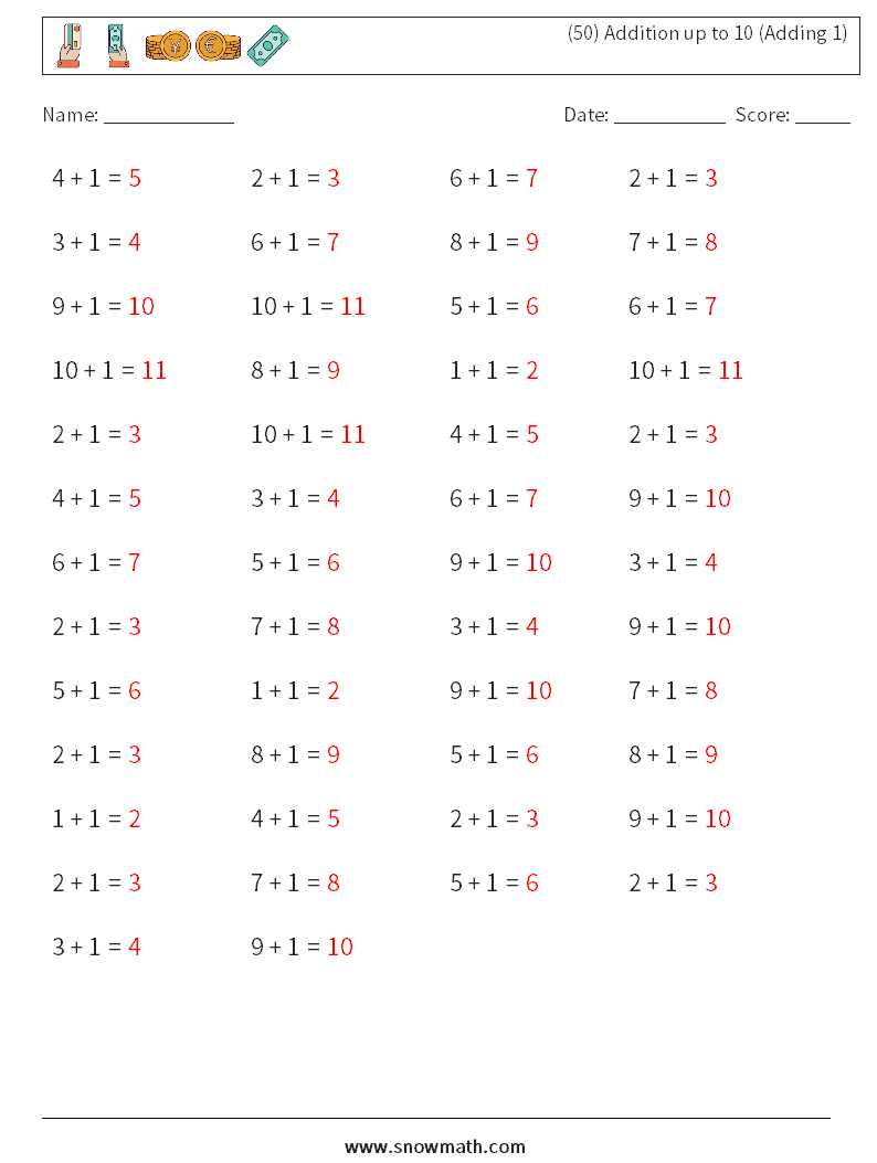 (50) Addition up to 10 (Adding 1) Math Worksheets 8 Question, Answer