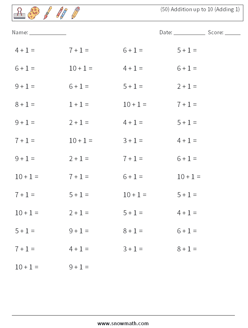 (50) Addition up to 10 (Adding 1) Maths Worksheets 9