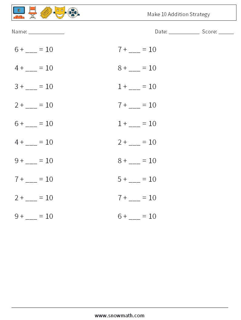 Make 10 Addition Strategy Math Worksheets 4