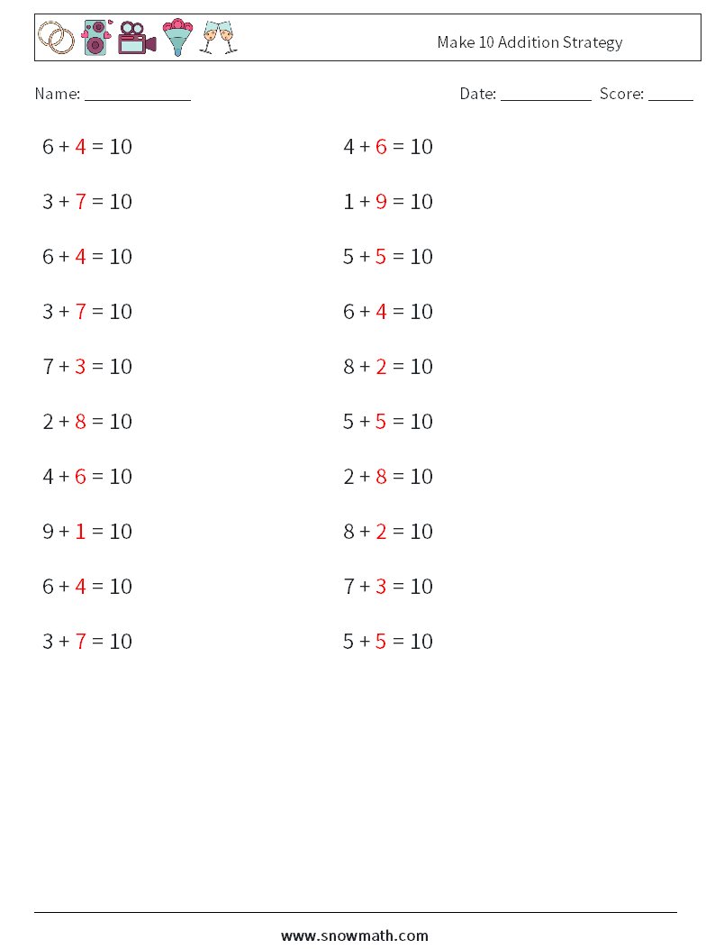 Make 10 Addition Strategy Math Worksheets 5 Question, Answer