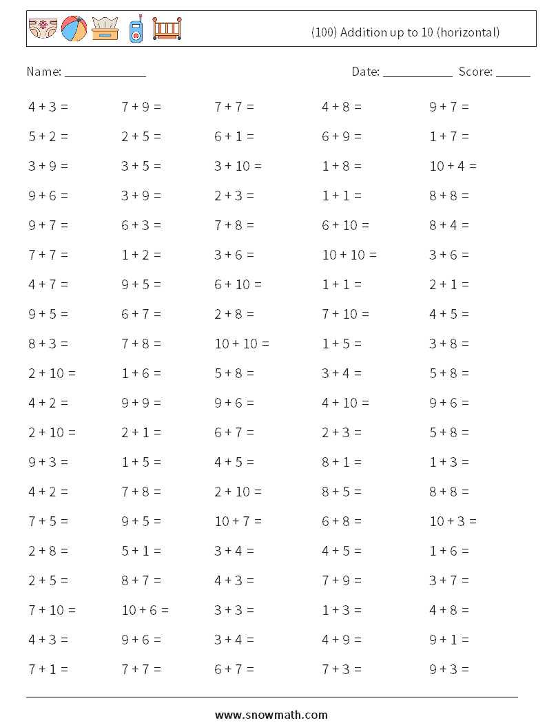 (100) Addition up to 10 (horizontal)