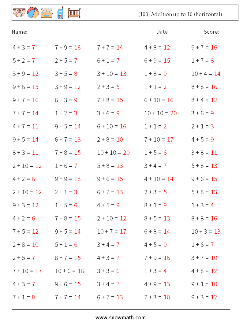 (100) Addition up to 10 (horizontal) Math Worksheets 1 Question, Answer