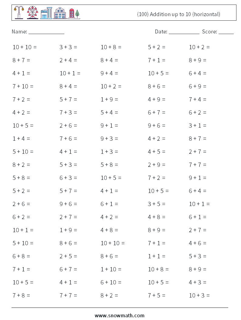 (100) Addition up to 10 (horizontal) Maths Worksheets 2