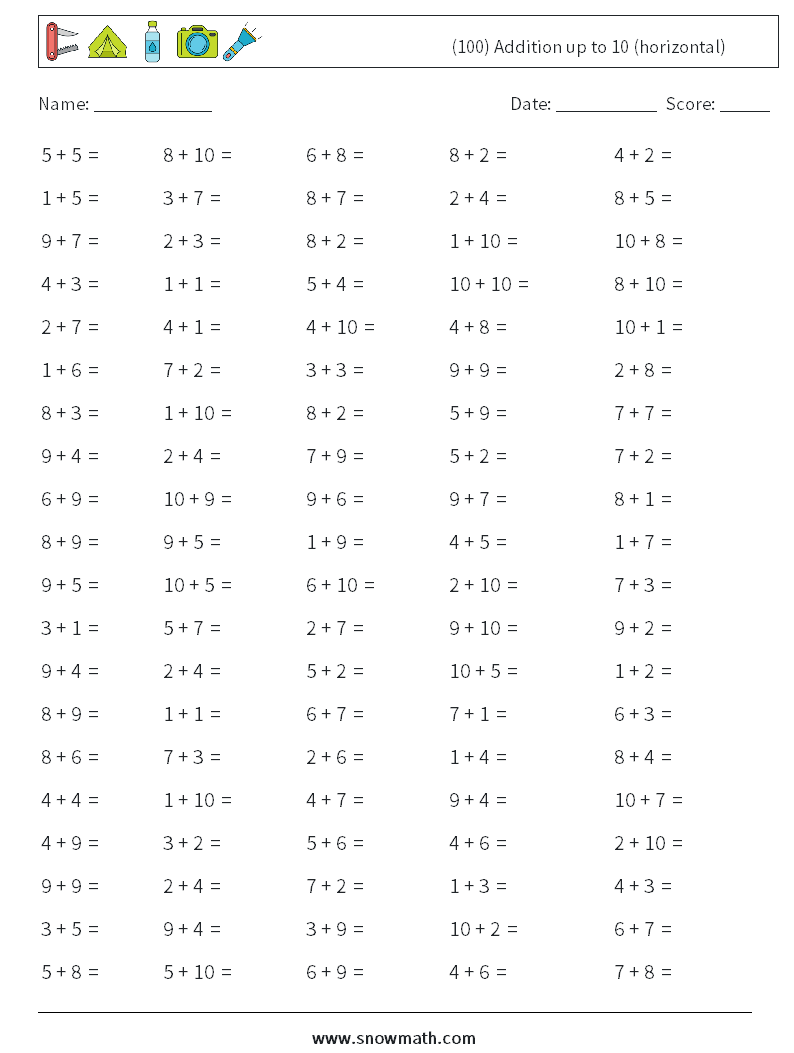 (100) Addition up to 10 (horizontal) Maths Worksheets 3