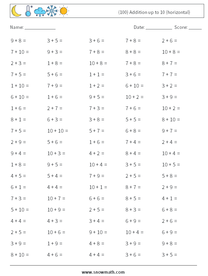 (100) Addition up to 10 (horizontal) Math Worksheets 4