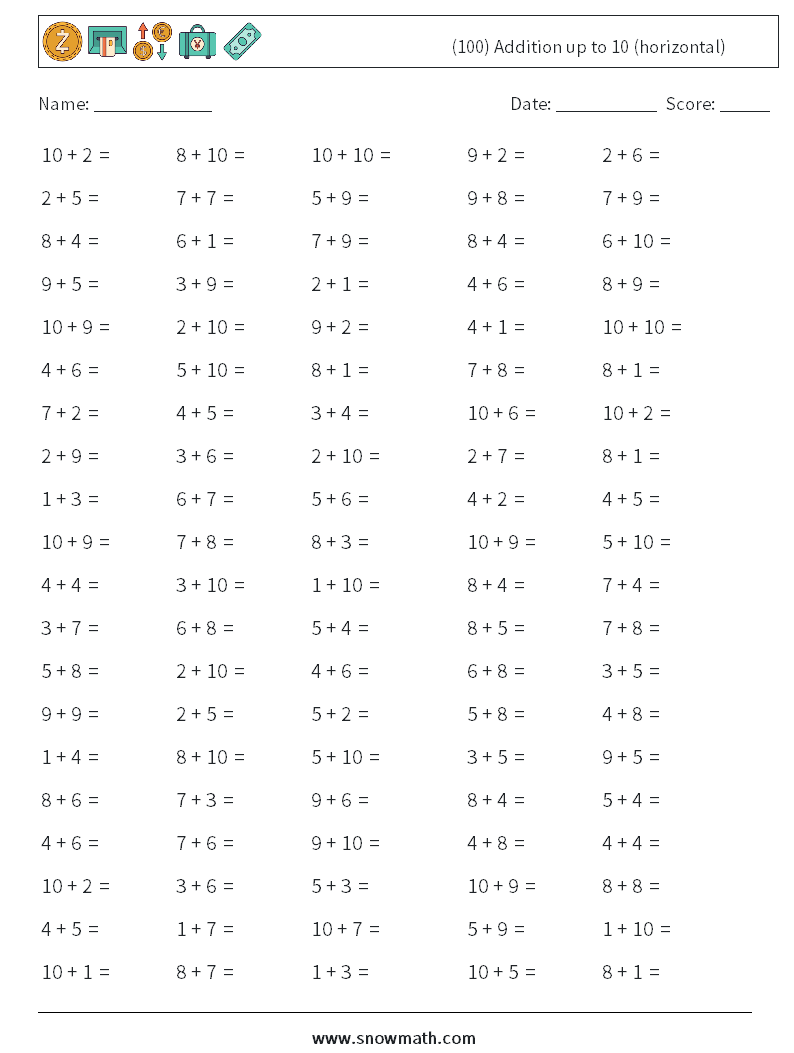 (100) Addition up to 10 (horizontal) Math Worksheets 5