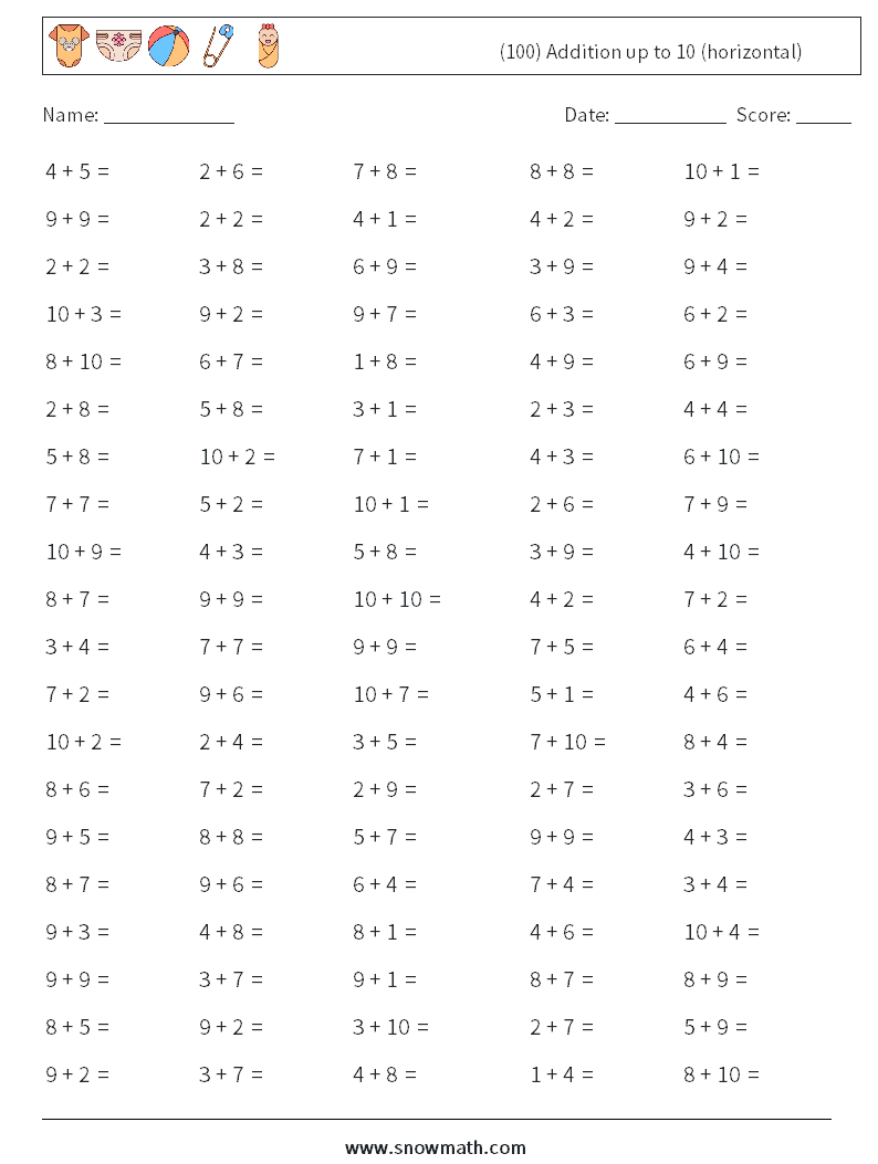 (100) Addition up to 10 (horizontal) Math Worksheets 6