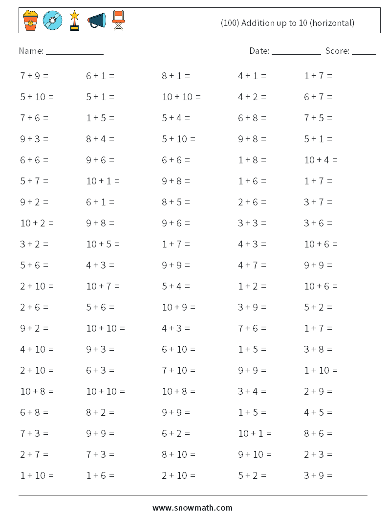 (100) Addition up to 10 (horizontal) Math Worksheets 7