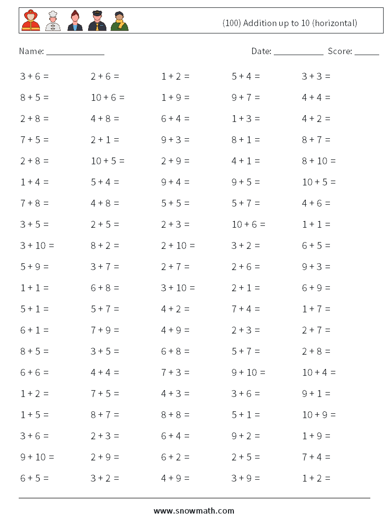 (100) Addition up to 10 (horizontal) Maths Worksheets 8