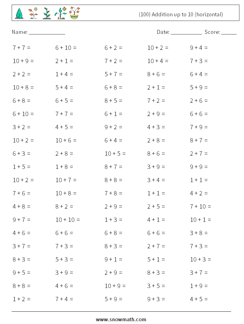 (100) Addition up to 10 (horizontal) Math Worksheets 9