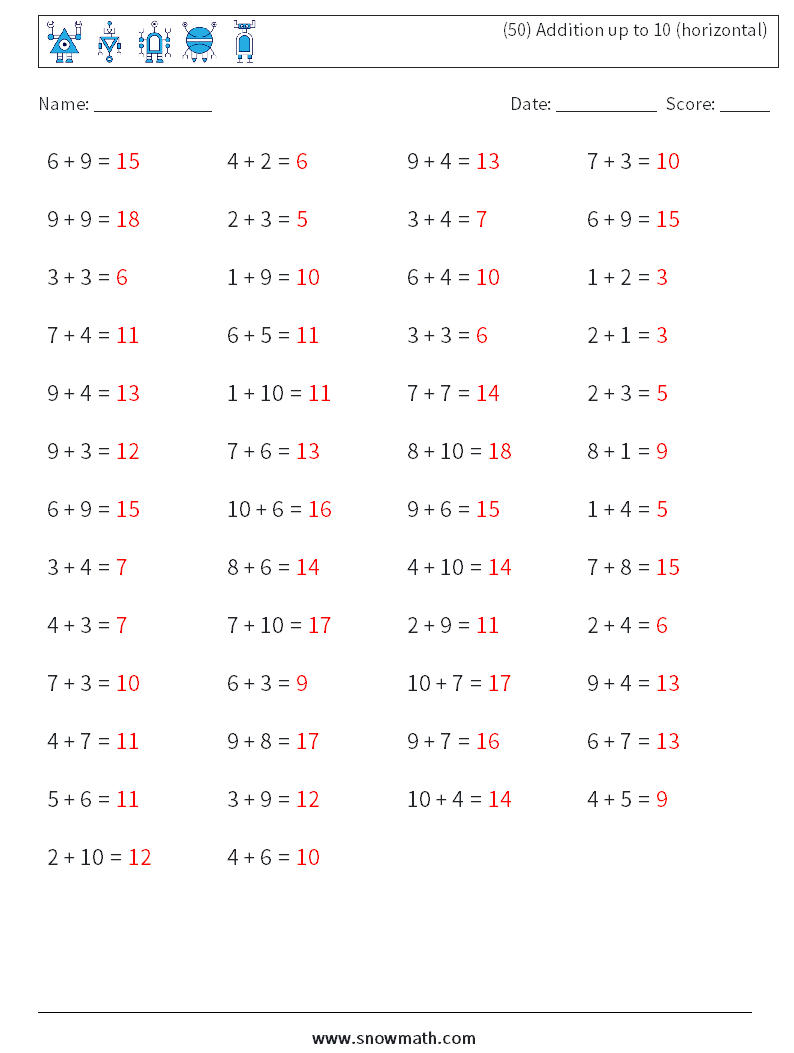 (50) Addition up to 10 (horizontal) Math Worksheets 2 Question, Answer