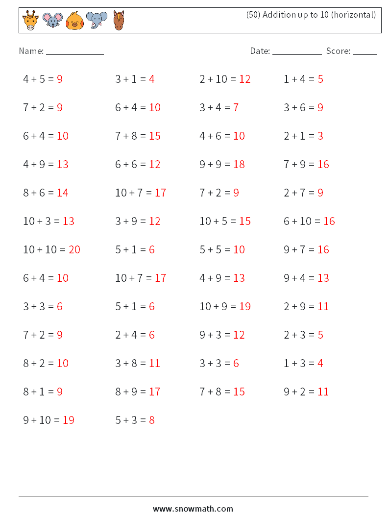 (50) Addition up to 10 (horizontal) Math Worksheets 3 Question, Answer