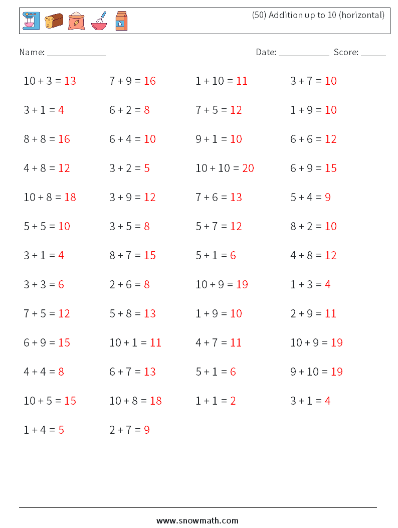 (50) Addition up to 10 (horizontal) Math Worksheets 4 Question, Answer