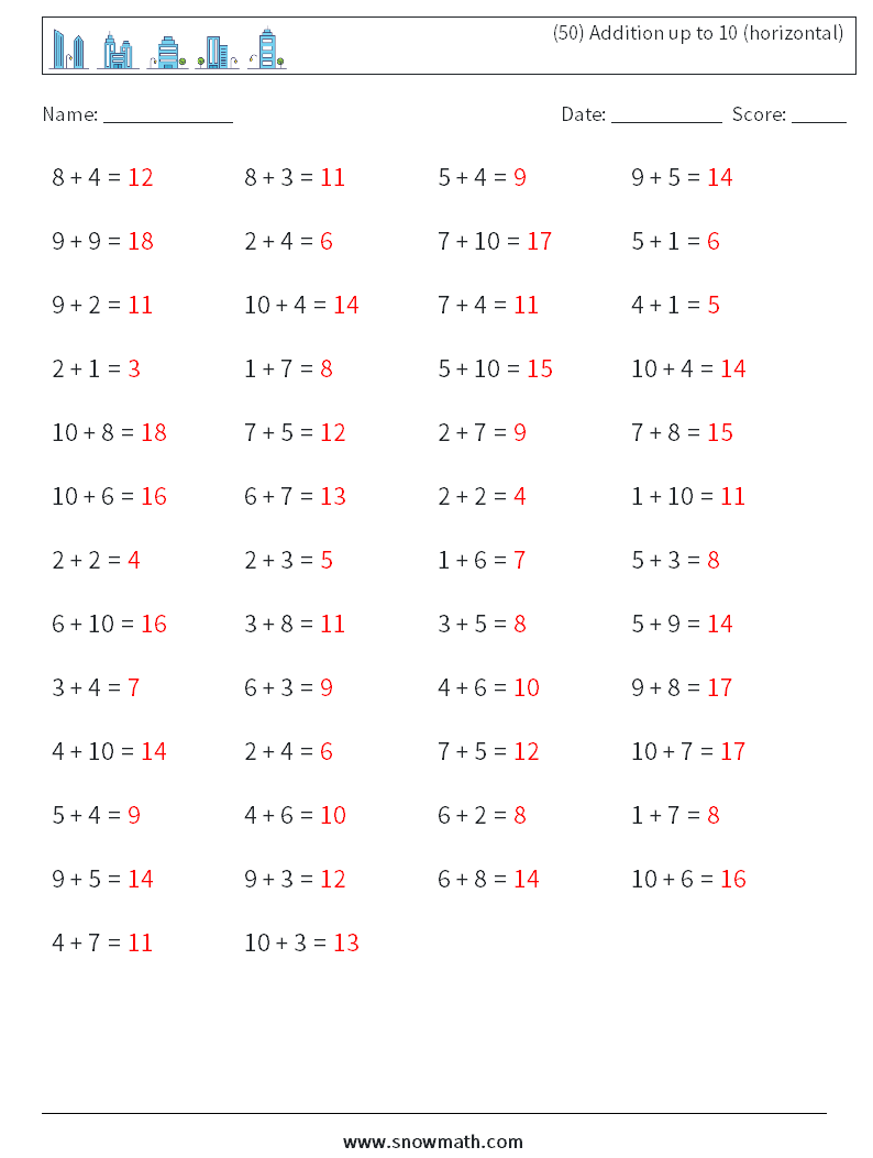 (50) Addition up to 10 (horizontal) Math Worksheets 5 Question, Answer