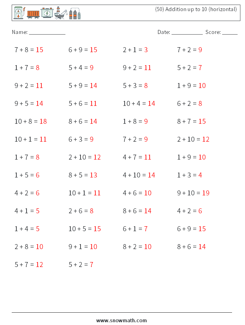 (50) Addition up to 10 (horizontal) Math Worksheets 6 Question, Answer