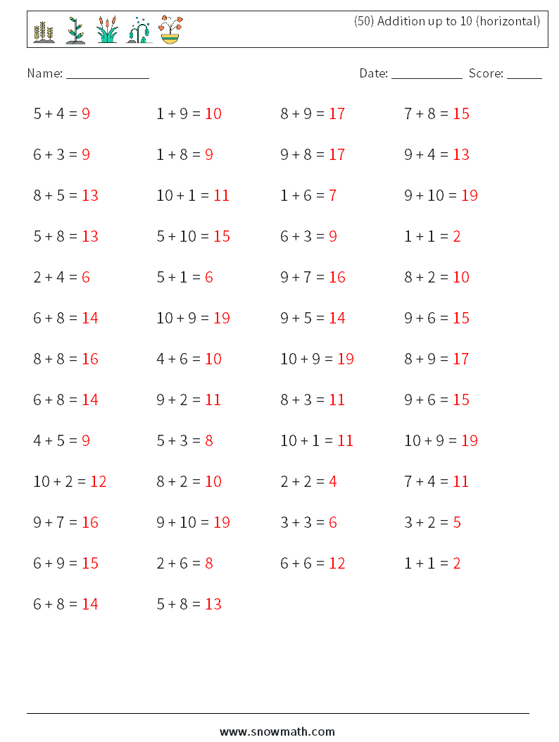 (50) Addition up to 10 (horizontal) Math Worksheets 9 Question, Answer