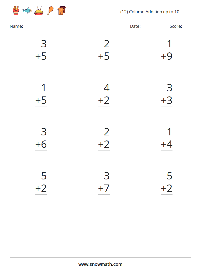 (12) Column Addition up to 10 Maths Worksheets 4