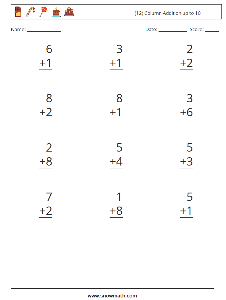 (12) Column Addition up to 10 Math Worksheets 7
