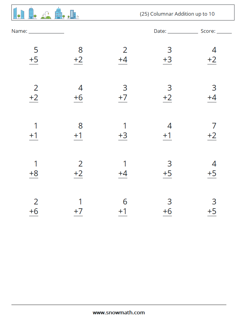 (25) Columnar Addition up to 10 Maths Worksheets 2