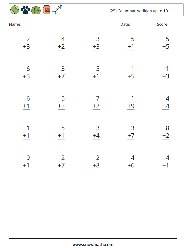 (25) Columnar Addition up to 10 Maths Worksheets 4