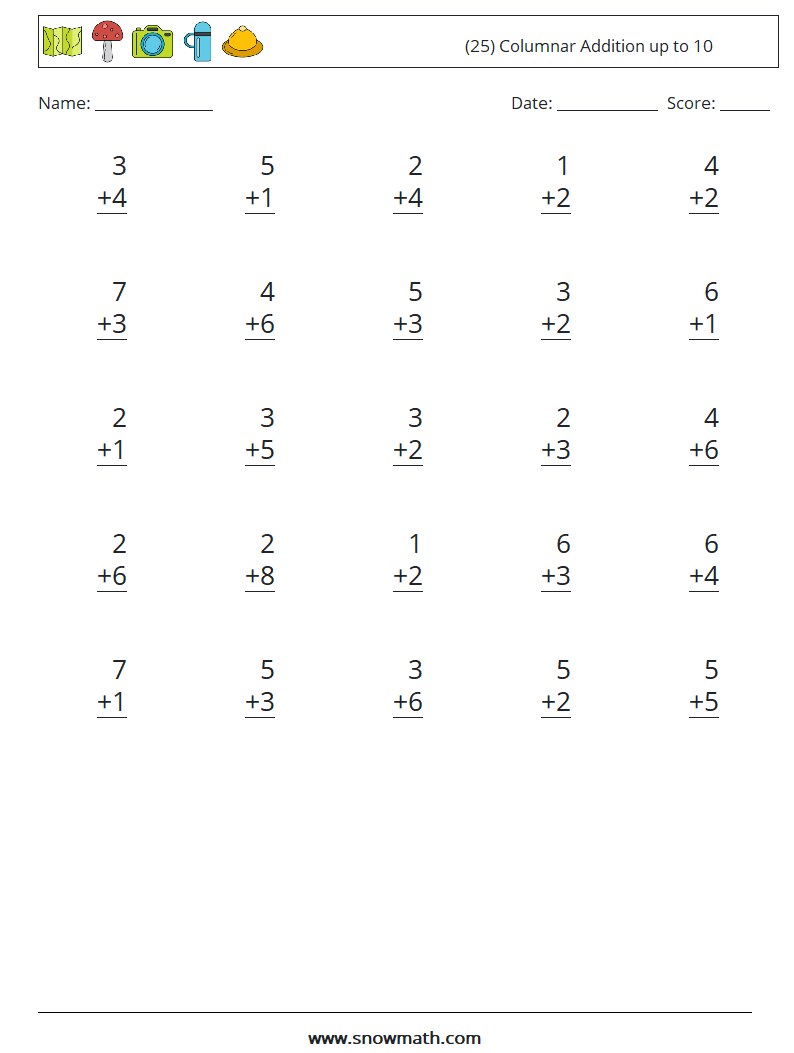 (25) Columnar Addition up to 10 Maths Worksheets 6