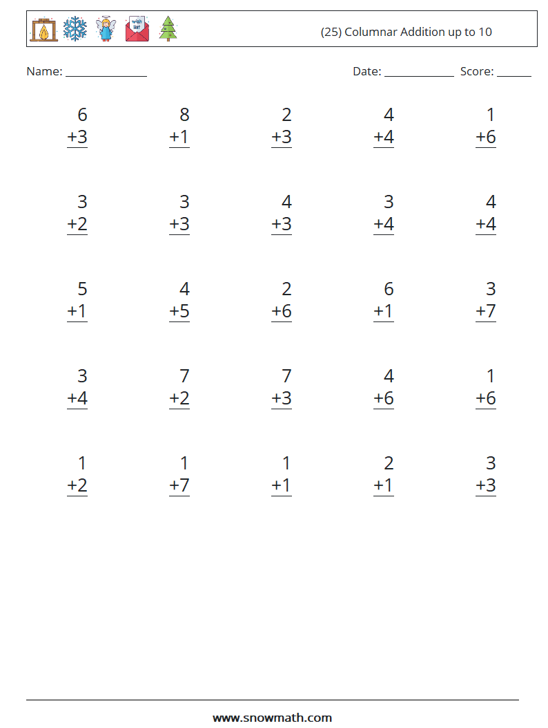 (25) Columnar Addition up to 10 Maths Worksheets 8