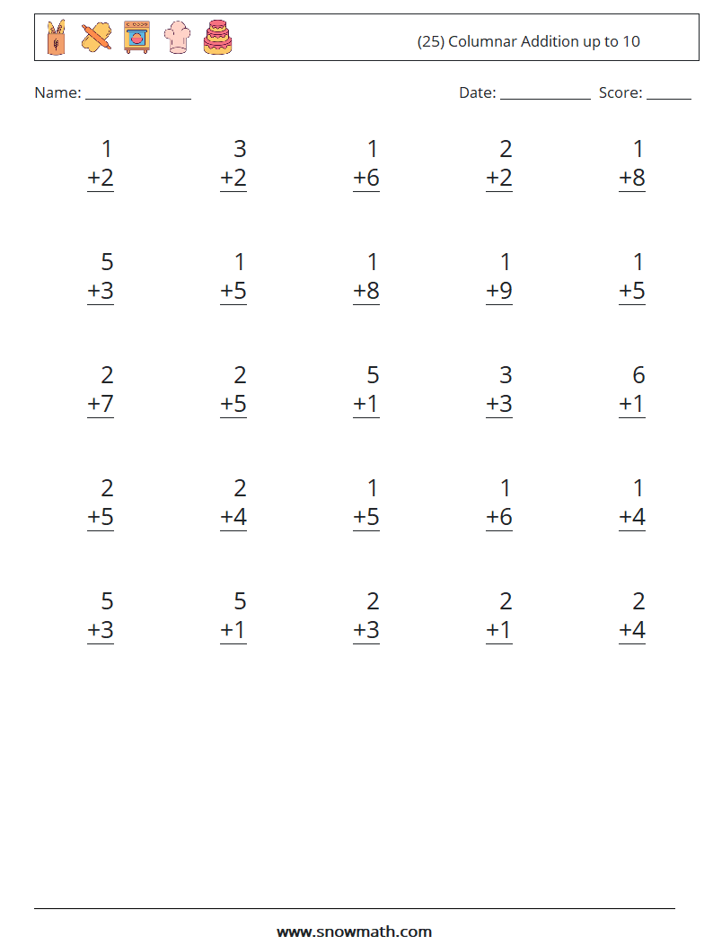 (25) Columnar Addition up to 10 Maths Worksheets 9