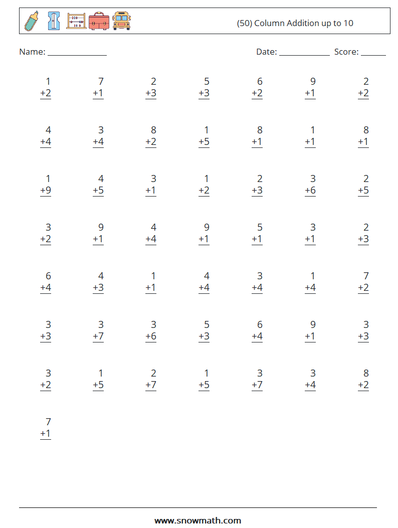 (50) Column Addition up to 10 Maths Worksheets 3