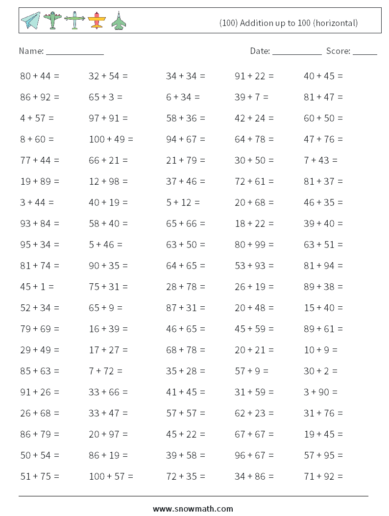(100) Addition up to 100 (horizontal)