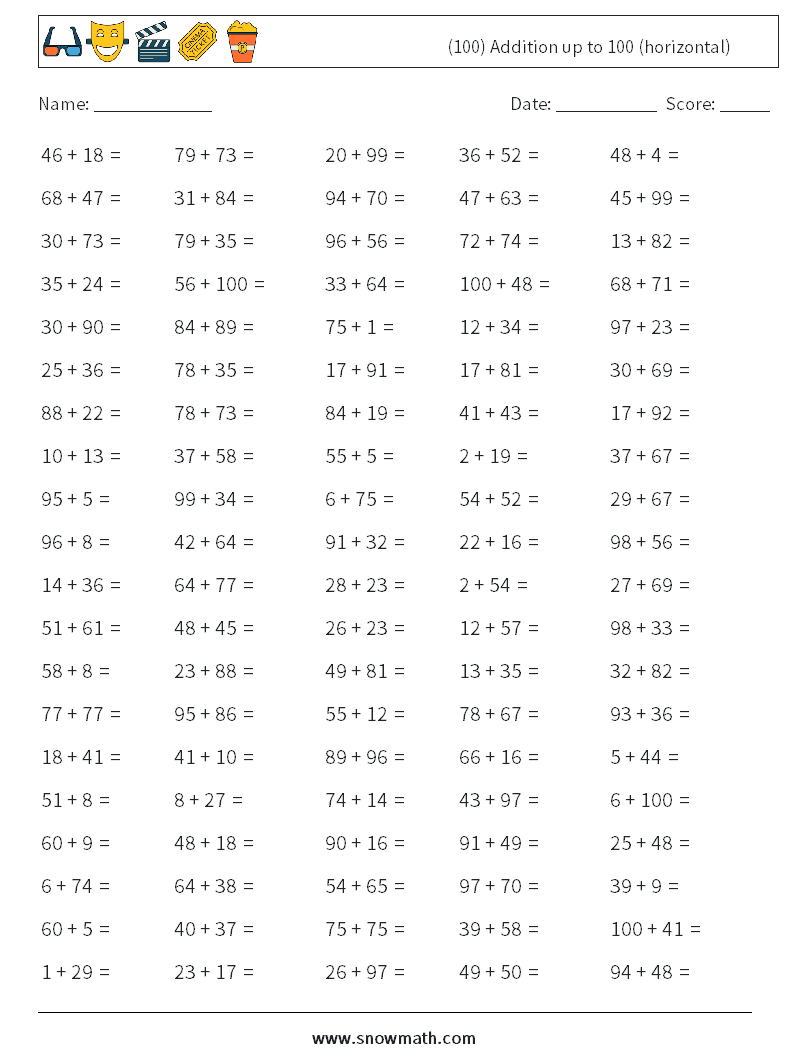 (100) Addition up to 100 (horizontal) Maths Worksheets 6