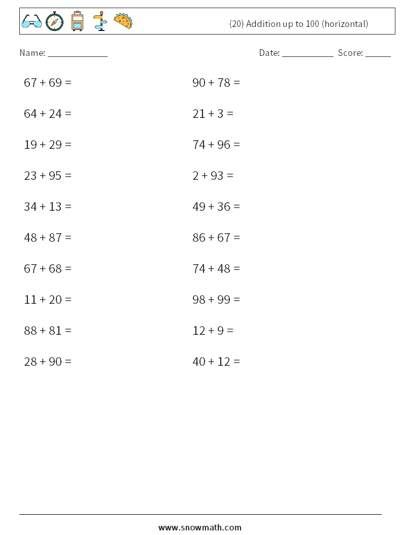 (20) Addition up to 100 (horizontal) Math Worksheets 2