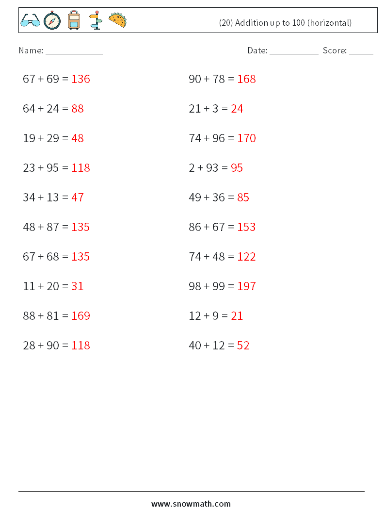 (20) Addition up to 100 (horizontal) Math Worksheets 2 Question, Answer