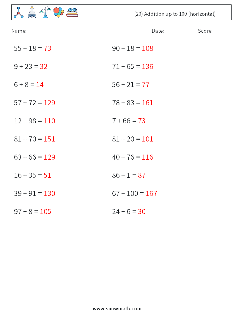(20) Addition up to 100 (horizontal) Math Worksheets 5 Question, Answer