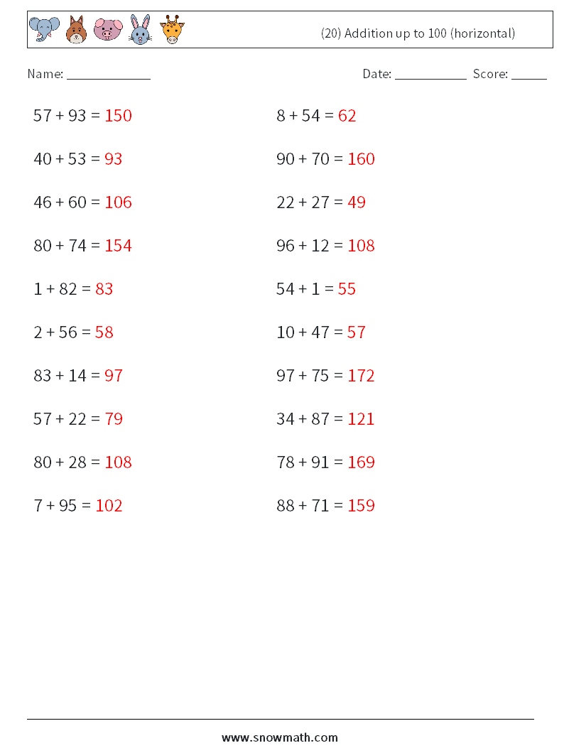 (20) Addition up to 100 (horizontal) Math Worksheets 7 Question, Answer