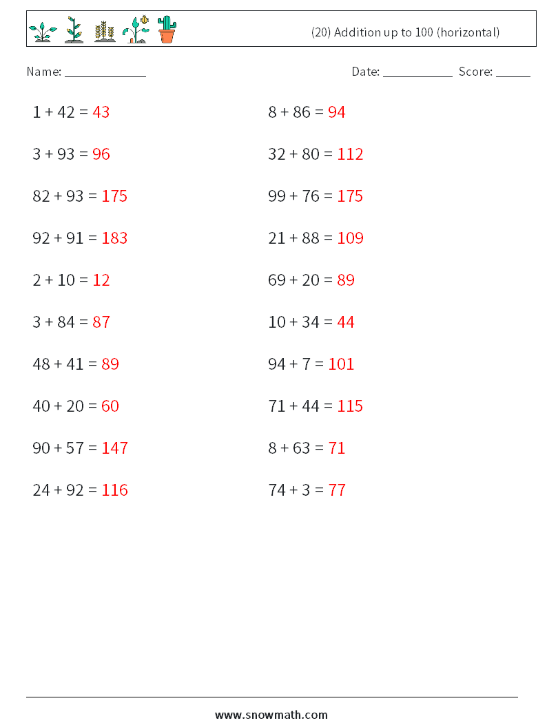 (20) Addition up to 100 (horizontal) Math Worksheets 8 Question, Answer