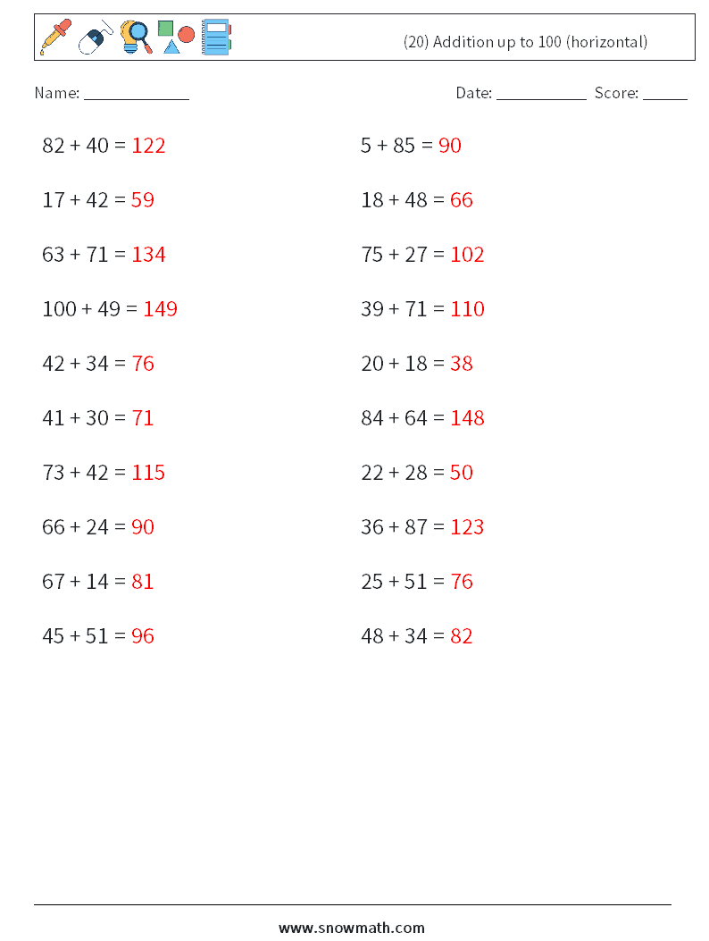 (20) Addition up to 100 (horizontal) Math Worksheets 9 Question, Answer