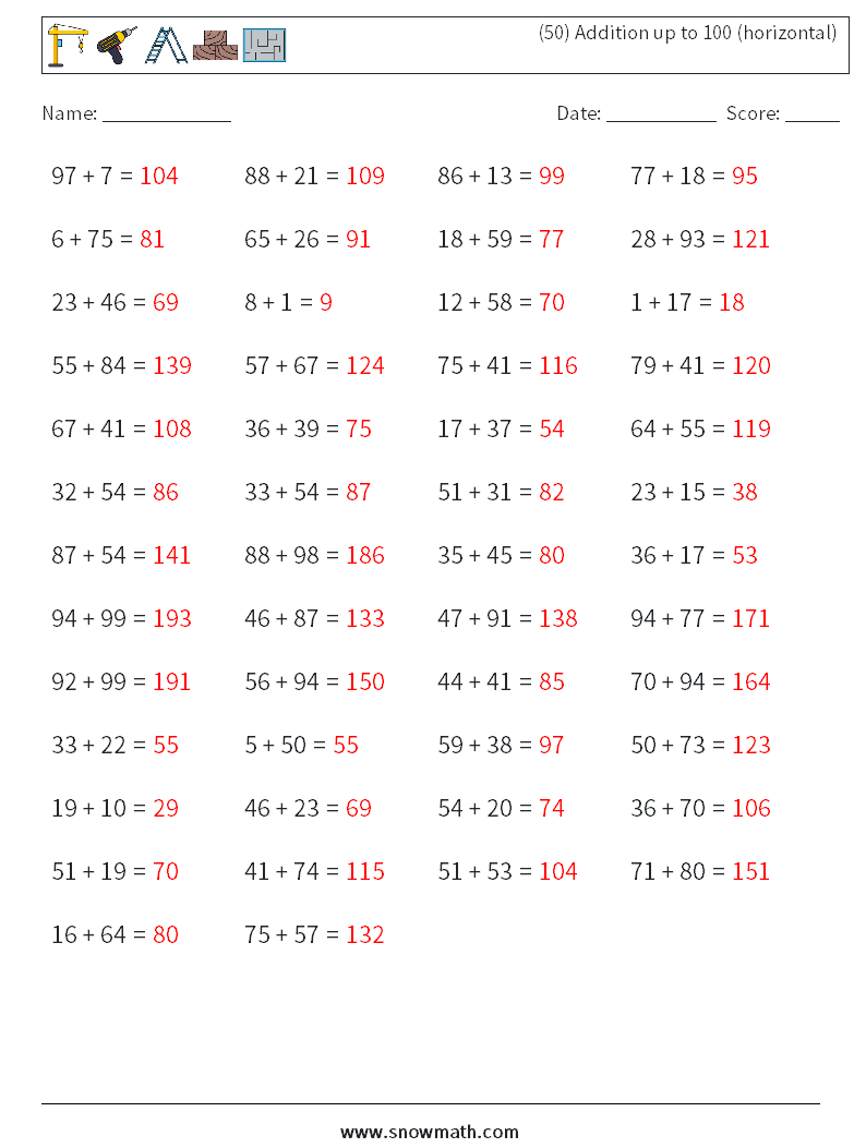 (50) Addition up to 100 (horizontal) Math Worksheets 1 Question, Answer