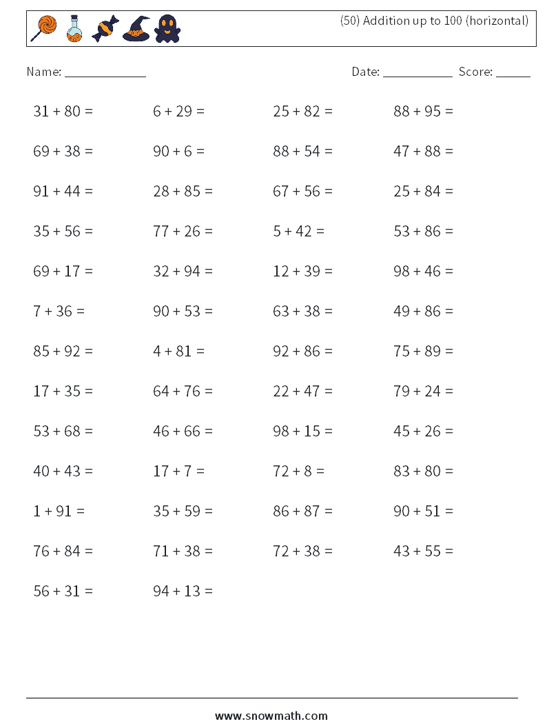 (50) Addition up to 100 (horizontal) Maths Worksheets 7