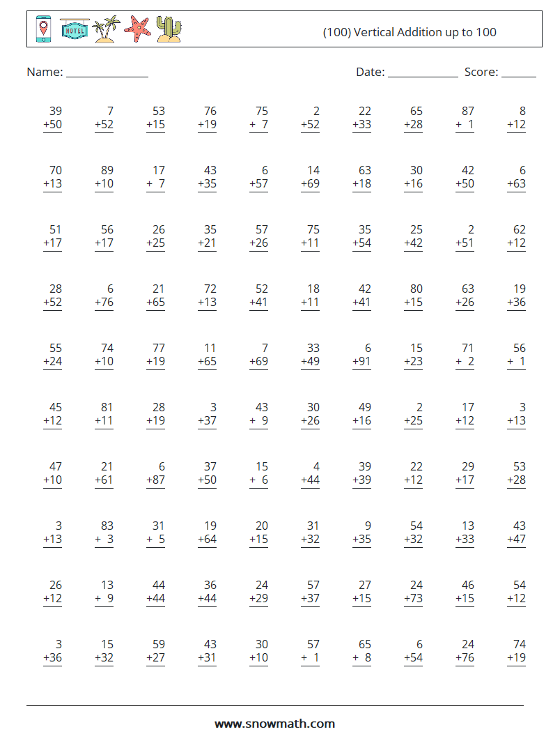 (100) Vertical Addition up to 100 Maths Worksheets 3