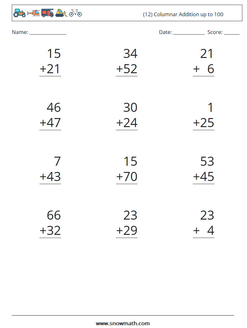 (12) Columnar Addition up to 100 Maths Worksheets 10