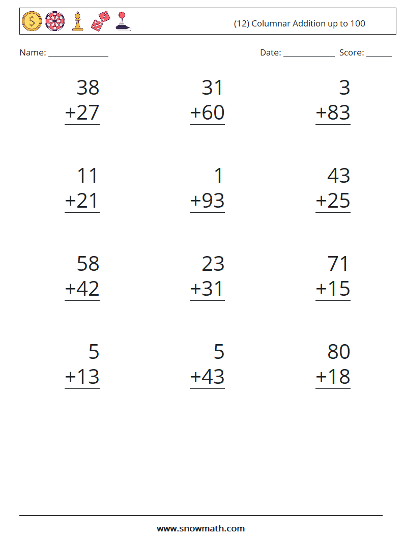 (12) Columnar Addition up to 100 Maths Worksheets 11