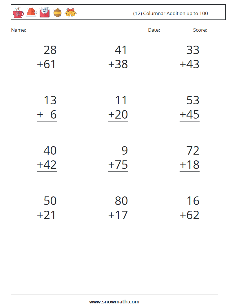 (12) Columnar Addition up to 100 Maths Worksheets 13