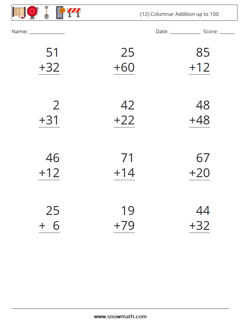 (12) Columnar Addition up to 100 Maths Worksheets 14