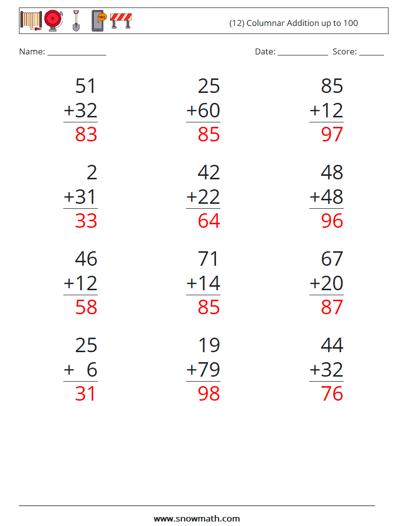 (12) Columnar Addition up to 100 Math Worksheets 14 Question, Answer