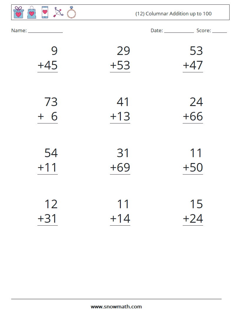 (12) Columnar Addition up to 100 Maths Worksheets 15