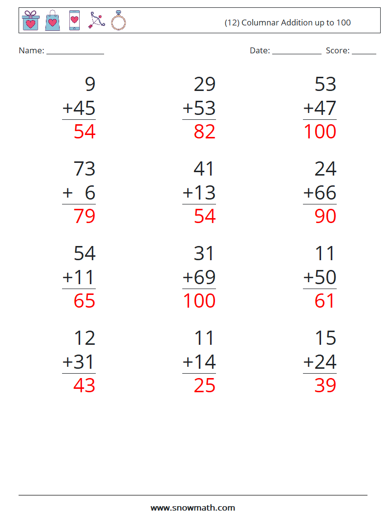 (12) Columnar Addition up to 100 Math Worksheets 15 Question, Answer